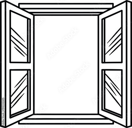 A line drawing of an open double hung window with four panes