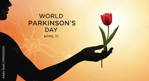 Hand holding red tulip for World Parkinson's Day awareness campaign April 11