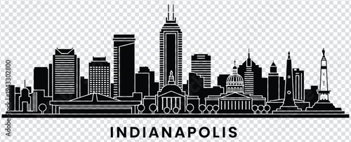 Black and white indianapolis city skyline silhouette with prominent buildings