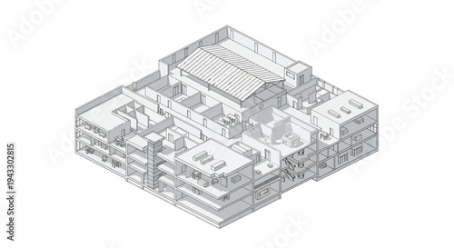 Detailed Architectural Isometric Drawing of a Complex Building Structure.