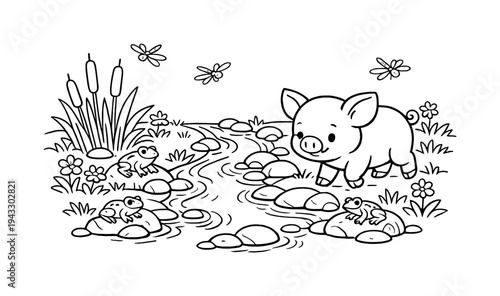 Curious piglet following a small stream through a meadow with smooth stones along the water, reeds and flowers