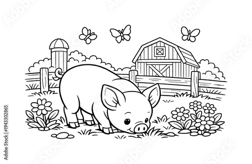 Piglet Farmyard Adventure. Curious piglet sniffing around a sunny farmyard with a wooden fence, a red barn in the background,