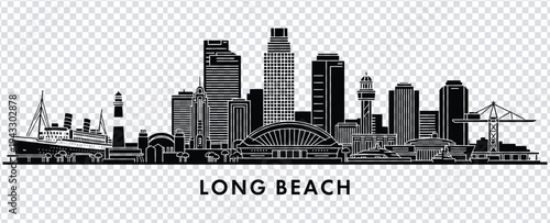 Black and white illustration of long beach city skyline with buildings and harbor