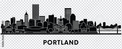 Black silhouette of portland city skyline with notable buildings and landscape