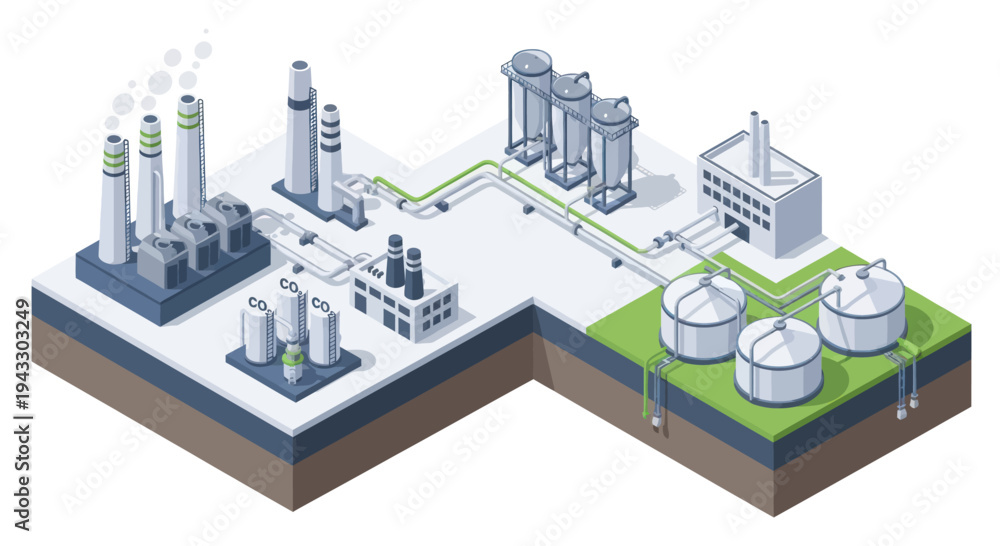 Obraz premium Industrial complex with storage tanks and processing units.