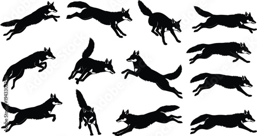 Fox silhouette set with jumping and running poses, black wild animal vector icons isolated on white, cad drawing flat vector illustration
