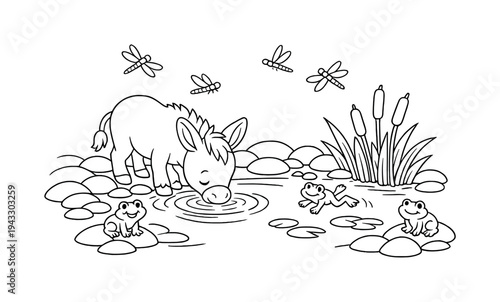 Little donkey drinking from a calm pond with smooth stones along the shore, reeds growing nearby, friendly frogs