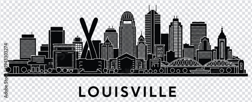 Black silhouette of louisville city skyline with windmill and train