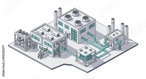 Industrial Factory Complex with Cooling Towers and Pipelines.