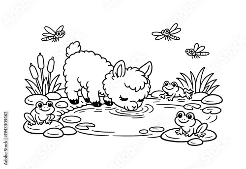 Baby llama drinking from a calm pond with smooth stones along the shore, reeds growing nearby, friendly frogs