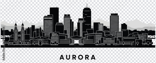 Black silhouette of aurora city skyline with modern buildings and skyscrapers
