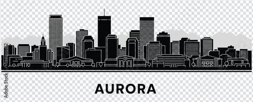 Black silhouette of aurora city skyline with modern buildings and towers