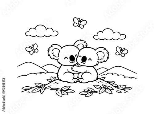 Two tiny koalas hugging each other on a hilltop with eucalyptus leaves scattered around, butterflies flying