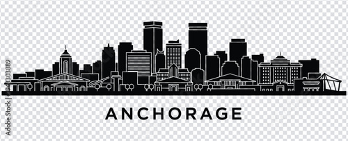 Black and white illustration of anchorage city skyline with buildings and bridge