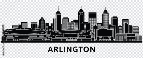 Black and white arlington city skyline illustration with buildings and text