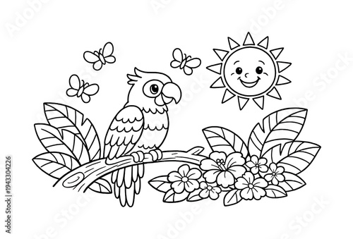 Jungle parrot perched on a tropical branch with large leaves around, colorful flowers blooming nearby,