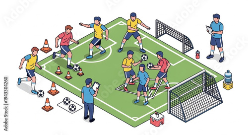 Soccer Players Training on Field.