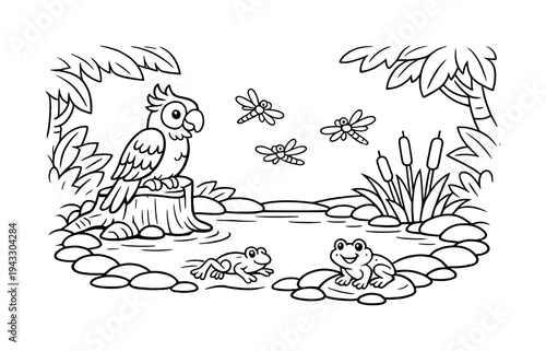 Jungle parrot sitting on a tree trunk near a calm pond with smooth stones along the shore, reeds growing nearby,