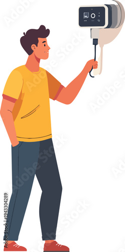 Focused Character Installing Smart Home Thermostat Device on Wall and Connecting Wiring for Intelligent Temperature Control Energy Efficiency and Home Automation System Isolated