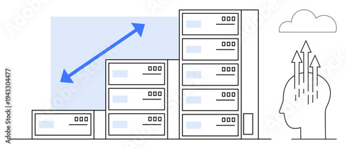 Data growth concept. Data growth illustrated by server stacks, cloud connectivity, and conceptual thinking. Data s scalability, cloud computing, and technological innovation. For IT, storage cloud