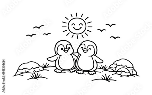 Penguin pals waddling together across a snowy hill with tufts of grass poking through, snow-covered rocks around
