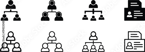 Collection of organizational structure and document icons in black and white
