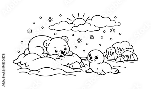 Polar bear cub resting on a snowy mound with a gentle snowfall around, ice crystals forming on nearby rocks, a