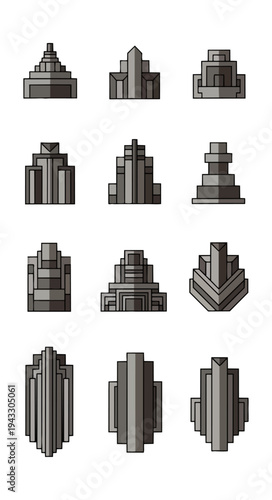 Geometric building icons set on black background