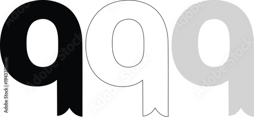 Three 'q' characters black outline and textured on white background design elements