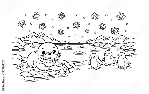 Cute cartoon seal and penguins in a snowy arctic landscape with mountains and water