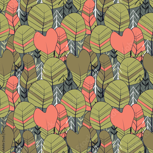 Seamless pattern with trees, plants. Color vector background. Spring, autumn tree for your design. Eco idea concept. Print design for wallpapers, fabric, textile.