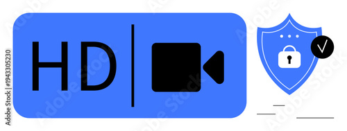 HD video technology. HD video with a camera icon and shield with a padlock symbol, emphasizing HD streaming and secure data communication. For media, technology, protection, cybersecurity, and video