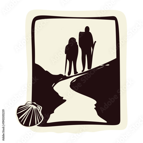 Hand drawn pilgrims icons set for St James Camino. Black and white vector picture collection set of backpackers, church, signpost to pilgrims way and scallop shell. Isolated flat for religious clipart