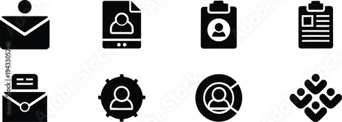 Collection of eight black and white icons representing communication and user profile concepts