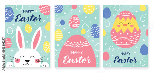 Happy Easter - greeting card set. Easter bunny, egg and cute chick. Colourful hand drawn elements in cartoon style. Vector illustration