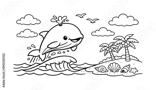 Cute cartoon whale jumping out of the ocean waves near a tropical island with palm trees