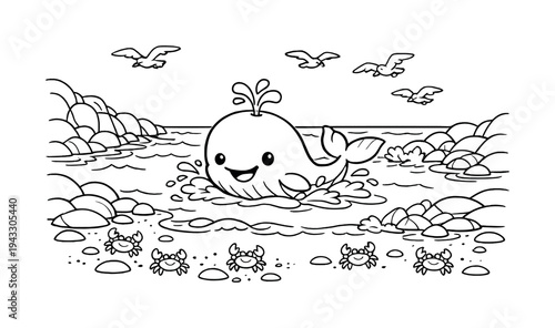 Cute cartoon whale spouting water on a sunny day with crabs and seagulls at the beach