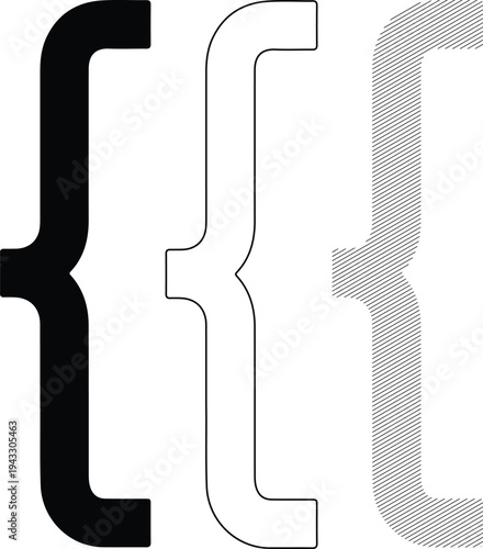 Three curly braces symbols solid black outline and lined texture isolated on white background