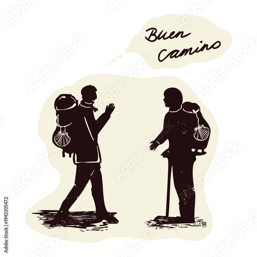 Pilgrims meeting and saying Buen Camino on St James way. Hand drawn vector motif year of jubilee pilgrimage. Simple black and white backpacker sacred trail hike sign for european albbergue or hostel 