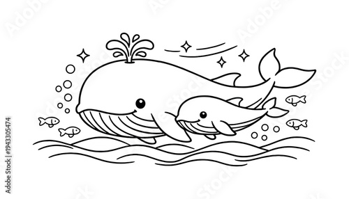 Cute cartoon mother and baby whale swimming in the ocean with fish and bubbles