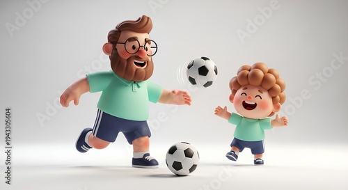 Cute 3D Cartoon Father and Child Playing Football Isolated on White
