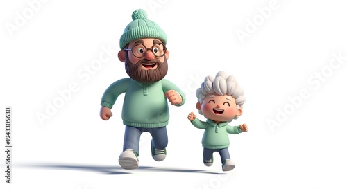 Adorable Stylized 3D Dad and Child Running Happy Family Cartoon Scene