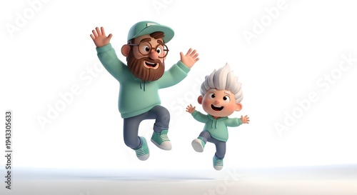 Cute 3D Cartoon Father and Child Jumping Joyfully Isolated on White