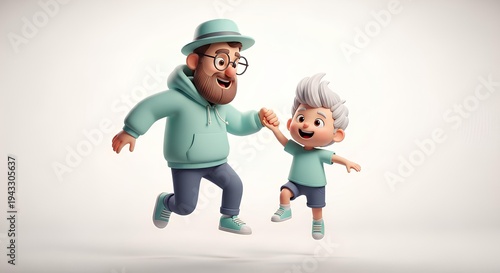 Adorable Dad and Kid Jumping Happy Family Cartoon Characters