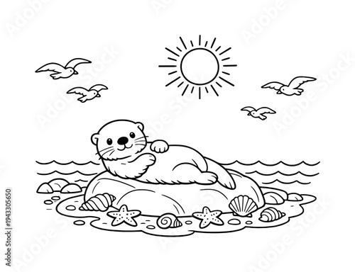 Sea otter resting on a smooth rock near a tidal pool with seashells and starfish around, gentle waves in the