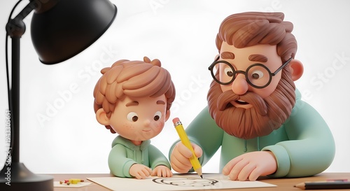 Adorable Dad Helping Kid Draw Cartoon Stylized 3D Characters
