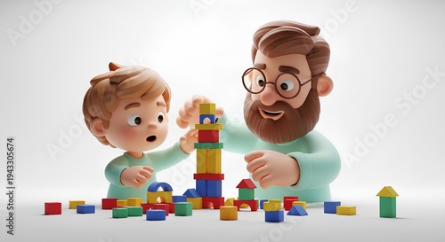 Adorable Dad and Kid Playing Toy Blocks Stylized 3D Characters