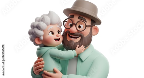 Cute 3D Cartoon Father Hugging Child Loving Family Scene
