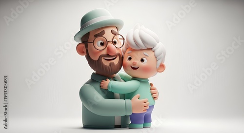 Adorable Dad Hugging Little Kid Stylized 3D Cartoon Characters