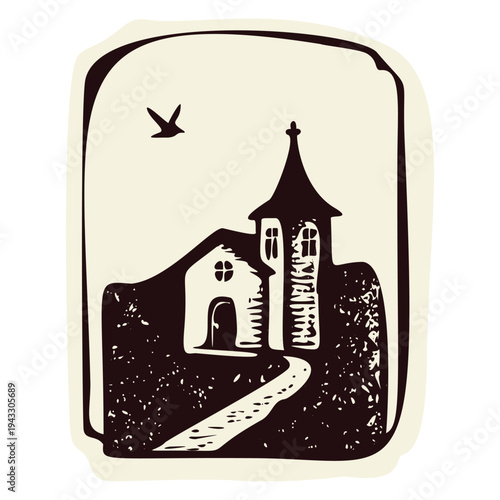 Pilgrims path to village church vector motif. Black and white hand drawn faith based christian sanctuary retreat. Isolated on white for religious pilgrimage icon in europe, wales and camino spain.